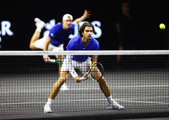 2026 Laver Cup, O2 Arena, London,25 09 2026 Carlos Alcaraz (ESP) partnered with Jakub Mensik (CZE) in action against Taylor Fritz (USA) and Alexander Bublik in 2026 Laver Cup at the O2 Arena, London London O2 Arena London GBR, UK NEWSPAPERS OUT Copyright: xMarkxGreenwoodx