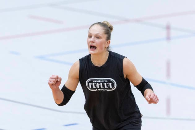 Testspiel: Schwarz-Weiss Erfurt vs. VCO Dresden; Erfurt; 25.09.2026 Lotte Goertz ( 5; Schwarz-Weiss Erfurt) Testspiel: Schwarz-Weiss Erfurt vs. VCO Dresden; Riethsporthalle Erfurt; 25.09.2026 Copyright: xBEAUTIFULxSPORTS Duehringx