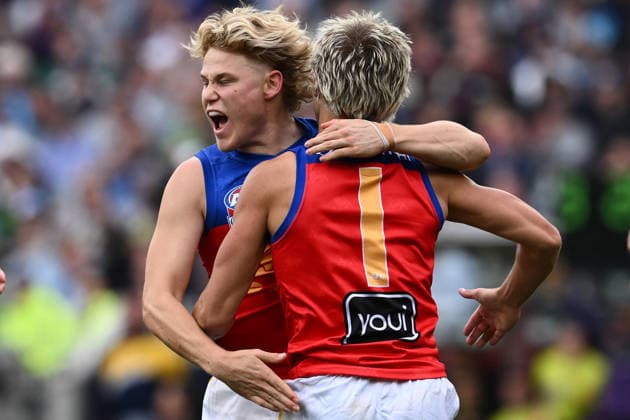 AFL GRAND FINAL, Levi Ashcroft of the Lions celebrates scoring a goal during the 2026 AFL Grand Final match between the Brisbane Lions and the Fremantle Dockers at the Melbourne Cricket Ground in Melbourne, Saturday, September 26, 2026. ( NO ARCHIVING, EDITORIAL USE ONLY MELBOURNE VICTORIA Australia  Copyright: xJOELxCARRETTx 20260926127108739500