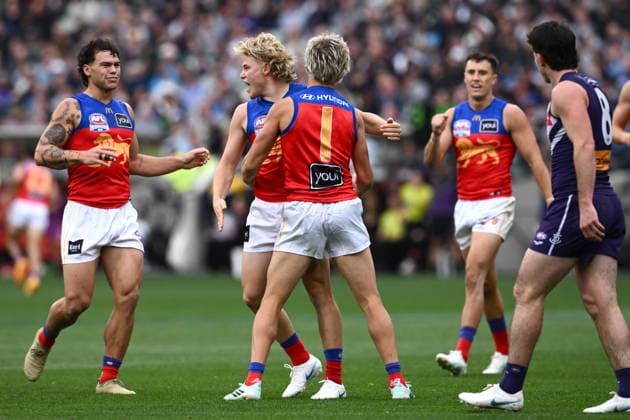 AFL GRAND FINAL, Levi Ashcroft of the Lions celebrates scoring a goal during the 2026 AFL Grand Final match between the Brisbane Lions and the Fremantle Dockers at the Melbourne Cricket Ground in Melbourne, Saturday, September 26, 2026. ( NO ARCHIVING, EDITORIAL USE ONLY MELBOURNE VICTORIA Australia  Copyright: xJOELxCARRETTx 20260926134071806813