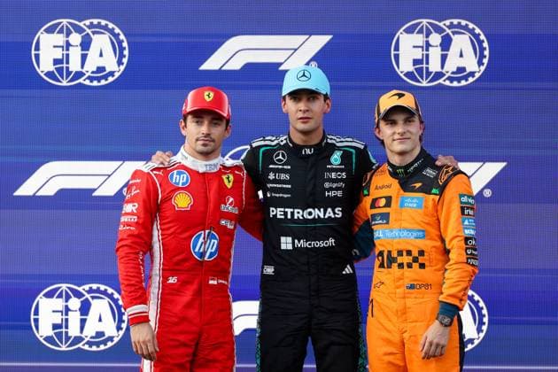 (260926) -- BAKU, Sept. 26, 2026 -- Pole position qualifier Mercedes driver George Russell of Britain (C), 2nd placed qualifier Ferrari s driver Charles Leclerc (L) of Monaco and 3rd placed qualifier McLaren s driver Oscar Piastri of Australia pose for photos after the qualifying session of the Formula One Azerbaijan Grand Prix at the Baku City Circuit in Baku, Azerbaijan, Sept. 25, 2026. (Photo by Xinhua) (SP)AZERBAIJAN-BAKU-F1-GRAND PRIX 2026-QUALIFYING QianxJun 