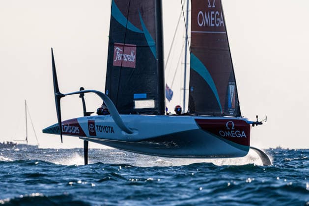 ETNZ Blue in Race 1 of Day 1. Louis Vuitton 38th America s Cup Preliminary Regatta, Naples, Italy. Friday 25 September 2026. Photo: Georgia Schofield NZ Naples Italy Copyright: xx