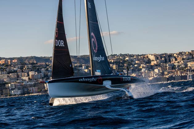 Tudor Team Alinghi at the finish of Race 2 of Day 1. Louis Vuitton 38th America s Cup Preliminary Regatta, Naples, Italy. Friday 25 September 2026. Photo: Georgia Schofield NZ Naples Italy Copyright: xx