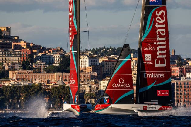 ETNZ Blue crossing in front of ETNZ Grey for a tight finish of Race 2 of Day 1. Louis Vuitton 38th America s Cup Preliminary Regatta, Naples, Italy. Friday 25 September 2026. Photo: Georgia Schofield NZ Naples Italy Copyright: xx