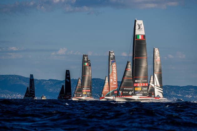 Tight racing for the fleet at the start of Race 2 of Day 1. Louis Vuitton 38th America s Cup Preliminary Regatta, Naples, Italy. Friday 25 September 2026. Photo: Georgia Schofield NZ Naples Italy Copyright: xx