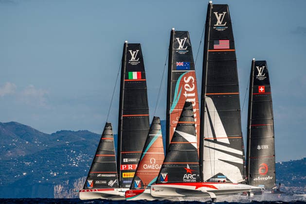 Tight racing for the fleet at the start of Race 2 of Day 1. Louis Vuitton 38th America s Cup Preliminary Regatta, Naples, Italy. Friday 25 September 2026. Photo: Georgia Schofield NZ Naples Italy Copyright: xx