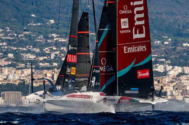 Tight racing for the fleet at the start of Race 2 of Day 1. Louis Vuitton 38th America s Cup Preliminary Regatta, Naples, Italy. Friday 25 September 2026. Photo: Georgia Schofield NZ Naples Italy Copyright: xx