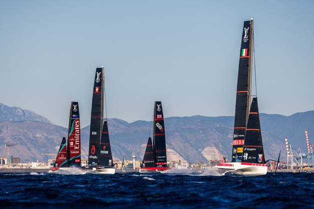 The fleet led by Luna Rossa Blue in Race 2 of Day 1. Louis Vuitton 38th America s Cup Preliminary Regatta, Naples, Italy. Friday 25 September 2026. Photo: Georgia Schofield NZ Naples Italy Copyright: xx