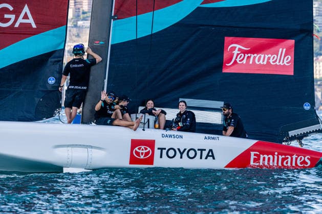 ETNZ Grey waiting for the wind before Race 1 of Day 1. Louis Vuitton 38th America s Cup Preliminary Regatta, Naples, Italy. Friday 25 September 2026. Photo: Georgia Schofield NZ Naples Italy Copyright: xx