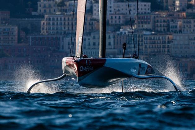 ETNZ Grey in Race 1 of Day 1. Louis Vuitton 38th America s Cup Preliminary Regatta, Naples, Italy. Friday 25 September 2026. Photo: Georgia Schofield NZ Naples Italy Copyright: xx