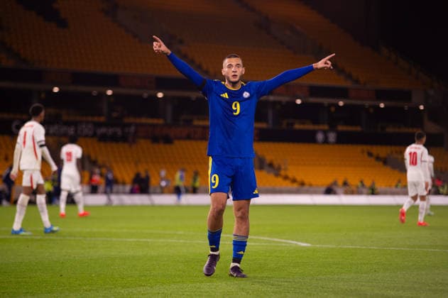 Artyom Litosh of Kazakhstan celebrates an equalising goal to make it two two during the UEFA European Under 21 Championship qualifier between England under 21s and Kazakhstan under 21s. (Sean Walsh SPP) Copyright: xSeanxWalshx Sportspressphoto_SPR239732