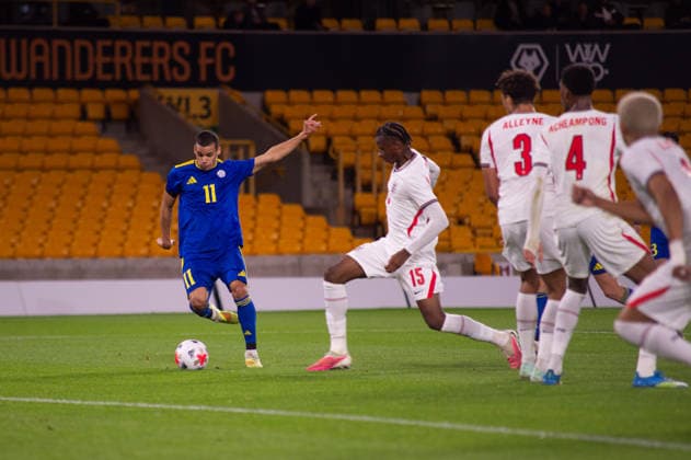 Saif Popov of Kazakhstan shoots at goal during the UEFA European Under 21 Championship qualifier between England under 21s and Kazakhstan under 21s. (Sean Walsh SPP) Copyright: xSeanxWalshx Sportspressphoto_SPR239735