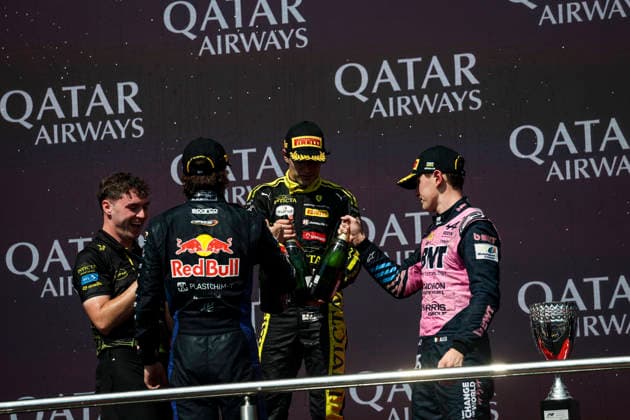 AUTO - FORMULA 2 2026 - BAKU CAMARA Rafael (bra), Invicta Racing, Dallara F2 2024, portrait celebration victory podium TSOLOV Nikola (bul), Campos Racing, Dallara F2 2024, portrait DUNNE Alex (irl), Rodin Motorsport, Dallara F2 2024, portrait during the 12th round of the 2026 FIA Formula 2 Championship from September 24 to 26, 2026 on the Baku City Circuit, in Baku, Azerbaijan - BakuAzerbaijan  Copyright: xXavixBonillax
