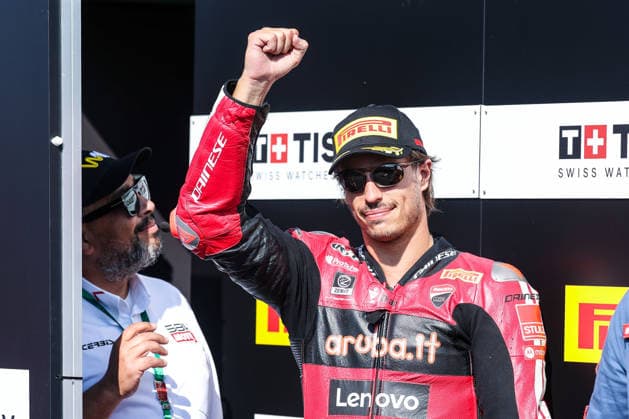 Nicolo Bulega of Aruba.it Racing - Ducati with Ducati Panigale V4R celebrate the second place in Tissout Superpole during Podium Tissout Superpole of SBK Round 10 EICMA Italian Round. Cremona Italy Copyright: xBEAUTIFULxSPORTS Carabellix