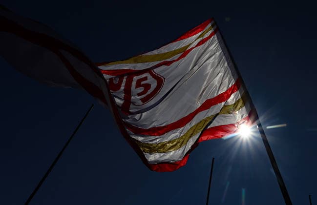 Football Women german DFB Pokal Cup 2026 - 2027 Fc Ingolstadt-FSV Mainz The flags of Mainz Fans are seen during the Women German DFB Pokal Cup 2026 - 2027 football match between Fc Ingolstadt and 1.FSV Mainz 05 at ESV Stadium in Ingolstadt , Bayern , Germany . September 26th , 2026 Photo by Davide Elias Copyright: xDavidexEliasx