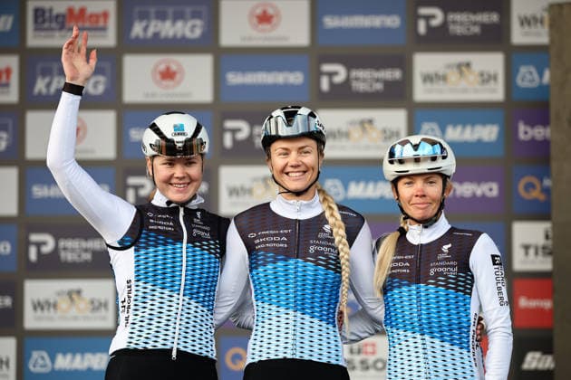 2026 UCI Road World Championships Picture by Alex Whitehead SWpix.com - 26 09 2026 - Cycling - 2026 UCI Road World Championships - MontrÃ al, Canada - Women Elite Road Race - Estonia - Ann-Christine Allik (Estonia), Janika Loiv (Estonia), Aidi Gerde Tuisk (Estonia) MontrÃ al Avenue du Parc Canada Copyright: x xSWpix.comx(t axPhotographyxHubxLtd)xAlexxWhitehead SWpix.comx SWP-3521-3896