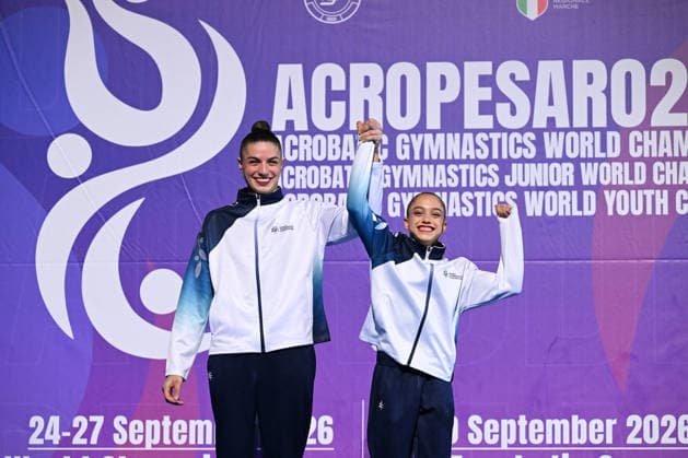 OTHER - Gymnastics - 30th Acrobatic Gymnastics World Championships Photo by IPA ABACAPRESS.COM88993096 - Rony Cohen and Sokolovsky, performing the Shiraz routine (ISR), at the 30th World Acrobatic Gymnastics Championships in Pesaro, Italy, on September 26, 2026 Pesaro Italy  Copyright: xIPAxSport ABACAx