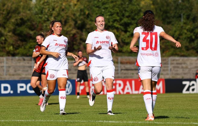 Football Women german DFB Pokal Cup 2026 - 2027 Fc Ingolstadt-FSV Mainz Kats Vital of Mainz celebrates after scoring 1-2 during the Women German DFB Pokal Cup 2026 - 2027 football match between Fc Ingolstadt and 1.FSV Mainz 05 at ESV Stadium in Ingolstadt , Bayern , Germany . September 26th , 2026 Photo by Davide Elias Copyright: xDavidexEliasx