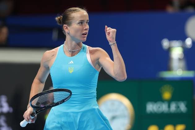 Elina Svitolina reacts during the tennis match between Svitolina and Paolini, in the the tie between Ukraine and Italy in the Semi Finals of the Billie King Cup tournament, on Saturday 26 September 2026 in Shenzhen, China. VIRGINIExLEFOUR  x187881299x