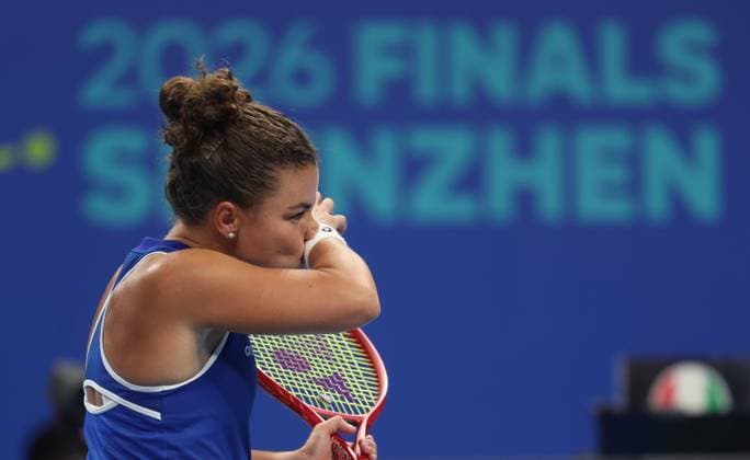 Jasmine Paolini reacts during the tennis match between Svitolina and Paolini, in the the tie between Ukraine and Italy in the Semi Finals of the Billie King Cup tournament, on Saturday 26 September 2026 in Shenzhen, China. VIRGINIExLEFOUR  x187881323x