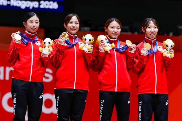 Asian Games Aichi Nagoya 2026 in Nagoya, Japan Team Japan won the gold medal at the 20th Asian Games Aichi Nagoya 2026 women s gold medal fencing match between Republic of Korea VS Japan at the Aichi Sky Expo Hall in Nagoya, Japan, on September 26th, 2026. Nagoya Japan  Copyright: xMatrixxImagesx xSimonxBonnyx
