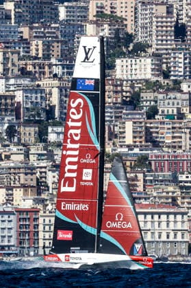 THE LOUIS VUITTON 38TH AMERICA™S CUP PRELIMINARY REGATTA, NAPLES Emirates team new Zealand competes on the second day of the preliminary regatta for the 38th Louis Vuitton America™s Cup in the Gulf of Naples, Campania, Italy, on September 26, 2026. The Naples preliminary regatta gives the competing teams their first opportunity to test their AC40 one-design yachts ahead of the 38th America™s Cup, which will be held in Naples in 2027. _BPH0813 Copyright: xAntonioxBalascox