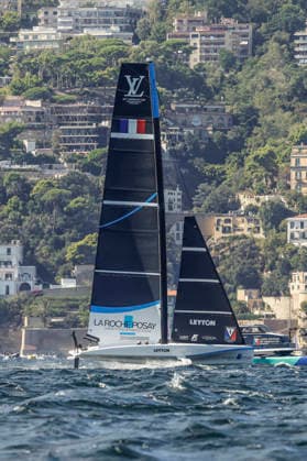 THE LOUIS VUITTON 38TH AMERICA™S CUP PRELIMINARY REGATTA, NAPLES La Roche-Posay Racing Team competes on the second day of the preliminary regatta for the 38th Louis Vuitton America™s Cup in the Gulf of Naples, Campania, Italy, on September 26, 2026. The Naples preliminary regatta gives the competing teams their first opportunity to test their AC40 one-design yachts ahead of the 38th America™s Cup, which will be held in Naples in 2027. _BPH1218 Copyright: xAntonioxBalascox