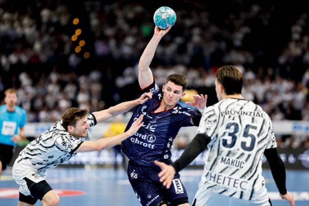 Kiel, 26. September 2026 - Handball, 1. Bundesliga 2026 27, THW Kiel - SG Flensburg-Handewitt: Lukas Zerbe (THW Kiel, 24), Aymeric Minne (SG Flensburg-Handewitt, 44), Domen Makuc (THW Kiel, 35)