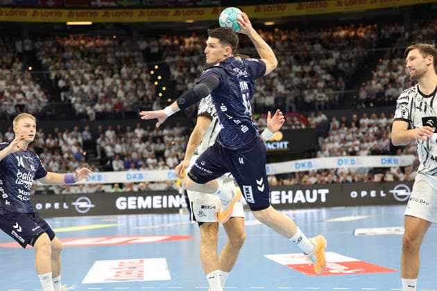 26.09.2026, xBHAx, Handball, Opel HBL, Saison 2026 2027, 1.HBL, THW Kiel - SG Flensburg-Handewitt, Merkur Ostseehalle: Aymeric Minne (SG Flensburg-Handewitt 44) im Angriff gegen Harald Reinkind (THW Kiel 6) Schleswig-Holstein Deutschkand