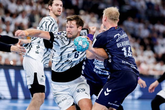 Kiel, 26. September 2026 - Handball, 1. Bundesliga 2026 27, THW Kiel - SG Flensburg-Handewitt: Harald Reinkind (THW Kiel, 6), Emil Siersbaek Bergholt (SG Flensburg-Handewitt, 14)