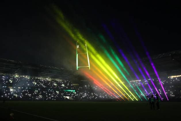 26.09.26, Fussball, FBL Männer, Freundschaftsspiel, 100. Jahre Weserstadion, Duell Werder Legenden 2026, Werder Legenden vs.Real Madrid Leyendas 100 Jahre Weserstadion, das Weserstadion in den Regenbogen Farben Foto nordphoto GmbH Tauchnitz Bremen Weserstadion Bremen Germany Copyright: xnordphotoxGmbHx xTauchnitzx