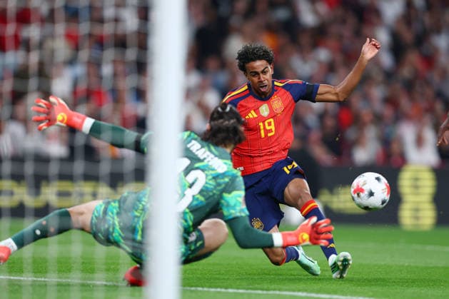 London, England, 26th September 2026. Lamine Yamal of Spain scores to make it 1-0 during the England vs Spain UEFA Nations League match at Wembley Stadium, London. Picture credit should read: Paul Terry Sportimage EDITORIAL USE ONLY. No use with unauthorised audio, video, data, fixture lists, club league logos or live services. Online in-match use limited to 120 images, no video emulation. No use in betting, games or single club league player publications. SPI_023_PT_England_Spain SPI-5020-0022