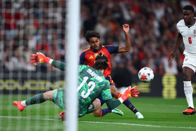 London, England, 26th September 2026. Lamine Yamal of Spain scores to make it 1-0 during the England vs Spain UEFA Nations League match at Wembley Stadium, London. Picture credit should read: Paul Terry Sportimage EDITORIAL USE ONLY. No use with unauthorised audio, video, data, fixture lists, club league logos or live services. Online in-match use limited to 120 images, no video emulation. No use in betting, games or single club league player publications. SPI_024_PT_England_Spain SPI-5020-0023