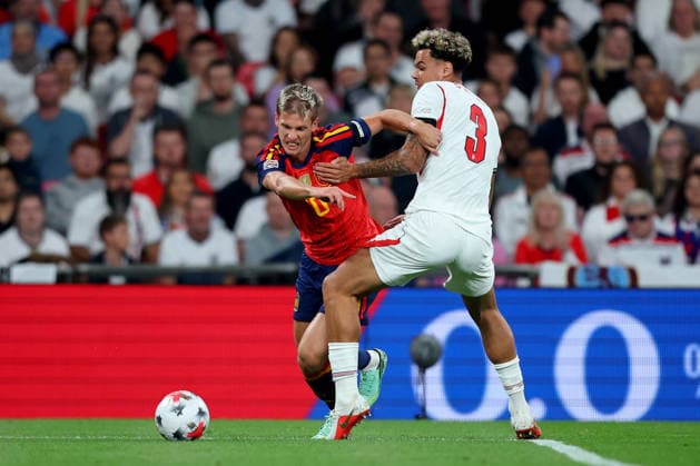 England v Spain - UEFA Nations League 2026 27 Group A3 MD1 Dani Olmo of Spain and Nico O Reilly of England challenge during the UEFA Nations League 2026 27 group phase match between England and Spain at Wembley Stadium on September 26, 2026 in London, England. London Wembley Stadium England United Kingdom Copyright: xAllstarxPicturexLibraryxLtdx