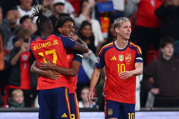 London, England, 26th September 2026. Lamine Yamal (C) of Spain celebrates after scoring to make it 1-0 during the England vs Spain UEFA Nations League match at Wembley Stadium, London. Picture credit should read: Paul Terry Sportimage EDITORIAL USE ONLY. No use with unauthorised audio, video, data, fixture lists, club league logos or live services. Online in-match use limited to 120 images, no video emulation. No use in betting, games or single club league player publications. SPI_035_PT_England_Spain SPI-5020-0031