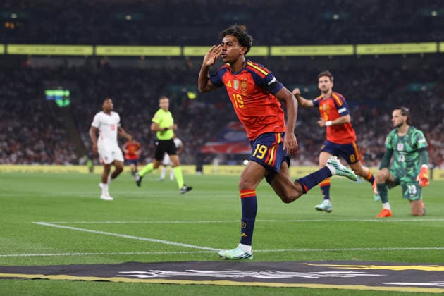 England v Spain 26 September 2026, London - UEFA Nations League - England v Spain - Lamine Yamal of Spain celebrates scoring the opening goal - Photo: Jacques Feeney Offside. London UK Copyright: xJacquesxFeeneyx xOffsidexOffside