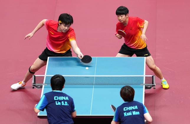 (260926) -- TOYOTA, Sept. 26, 2026 -- Wang Chuqin (top L) Sun Yingsha (top R) of China compete during the mixed doubles final match of Table tennis, Tischtennis between Wang Chuqin Sun Yingsha of China and Lin Shidong Kuai Man of China at the 20th Asian Games Aichi-Nagoya 2026 in Toyota of Aichi Prefecture, Japan, Sept. 26, 2026. ) (SP)JAPAN-TOYOTA-ASIAN GAMES-TABLE TENNIS-MIXED DOUBLES-FINAL CheongxKamxKa 