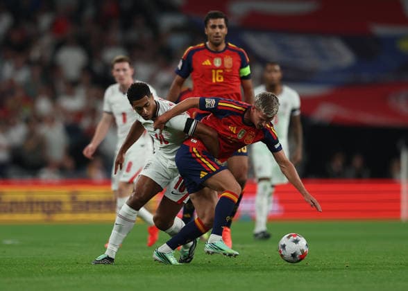 RECORD DATE NOT STATED 26th September 2026; Wembley Stadium, London, England; UEFA Nations League Football, England versus Spain; Jude Bellingham of England under pressure from Dani Olmo of Spain JohnxPatrickxFletcher
