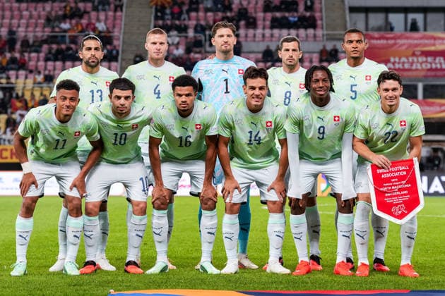 Fussball: UEFA Nations League 2026 2027, 26.09.2026 - Nordmazedonien vs. Schweiz (National Arena Todor Proeski); Schweizer Nationalmannschaft, Teamfoto, Mannschaft, Schweizer Nati vor dem UEFA Nations League Spiel Copyright: xValentinxDomgjonix