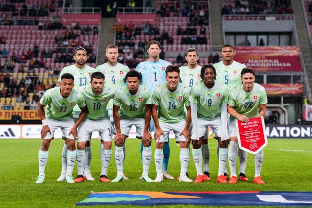 Fussball: UEFA Nations League 2026 2027, 26.09.2026 - Nordmazedonien vs. Schweiz (National Arena Todor Proeski); Schweizer Nationalmannschaft, Teamfoto, Mannschaft, Schweizer Nati vor dem UEFA Nations League Spiel Copyright: xValentinxDomgjonix