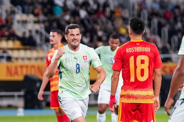 Fussball: UEFA Nations League 2026 2027, 26.09.2026 - Nordmazedonien vs. Schweiz (National Arena Todor Proeski); Remo Freuler (8, Schweiz) trifft zum 1:0 für die Schweizer Nationalmannschaft, Tor, Torjubel Copyright: xValentinxDomgjonix