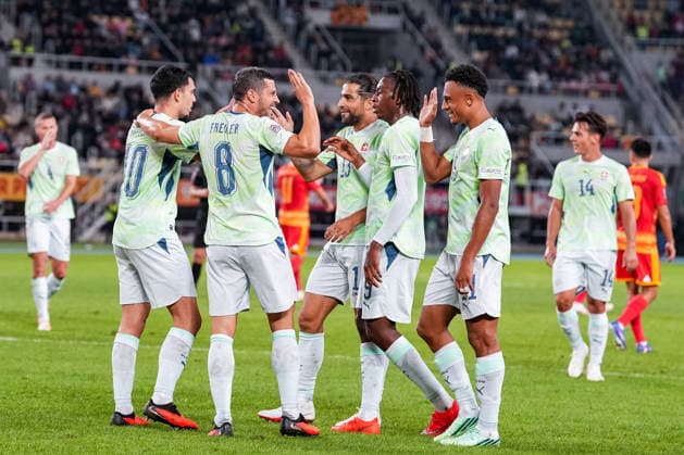 Fussball: UEFA Nations League 2026 2027, 26.09.2026 - Nordmazedonien vs. Schweiz (National Arena Todor Proeski); Remo Freuler (8, Schweiz) trifft zum 1:0 für die Schweizer Nationalmannschaft, Tor, Torjubel Copyright: xValentinxDomgjonix