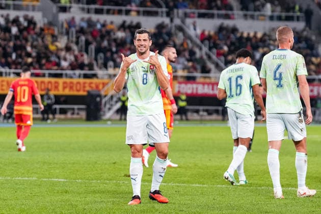 Fussball: UEFA Nations League 2026 2027, 26.09.2026 - Nordmazedonien vs. Schweiz (National Arena Todor Proeski); Remo Freuler (8, Schweiz) trifft zum 1:0 für die Schweizer Nationalmannschaft, Tor, Torjubel Copyright: xValentinxDomgjonix
