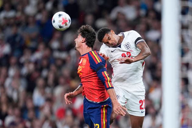 September 26, 2026, London, London, England: Marc Pubill of Spain and Jarell Quansah of England compete for the ball during the UEFA Nations League 2026 27 League Phase MD1 Group A3 match between England and Spain at Wembley Stadium on September 26, 2026, in London, England. London England - ZUMAa181 20260926_zaa_a181_125 Copyright: xDennisxAgyemanx
