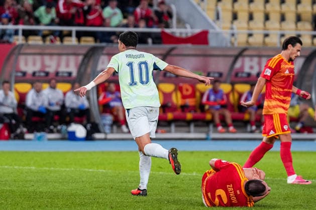 Fussball: UEFA Nations League 2026 2027, 26.09.2026 - Nordmazedonien vs. Schweiz (National Arena Todor Proeski); Zeki Amdouni (10, Schweiz) jubelt nach dem Treffer zum 2:0 für die Schweiz, Tor, Torjubel Copyright: xValentinxDomgjonix