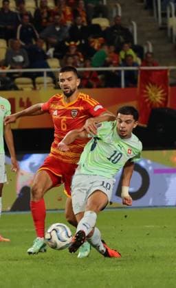 North Macedonia v Switzerland - UEFA Nations League SKOPJE, NORTH MACEDONIA - SEPTEMBER 26: Switzerland s Zeki Amdouni (10) competes for the ball against North Macedonia s Visar Musliu (6) during the UEFA Nations League B League Group 1 match between North Macedonia and Switzerland at National Arena Toshe Proeski Stadium in Skopje, North Macedonia, on September 26, 2026. Umeys Sulejman Anadolu Skopje North Macedonia. Editorial use only. Please get in touch for any other usage.  Copyright: x2026xAnadoluxUmeysxSulejmanx