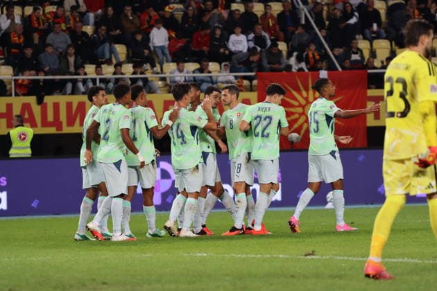 North Macedonia v Switzerland - UEFA Nations League SKOPJE, NORTH MACEDONIA - SEPTEMBER 26: Switzerland players celebrate a goal during the UEFA Nations League B League Group 1 match between North Macedonia and Switzerland at National Arena Toshe Proeski Stadium in Skopje, North Macedonia, on September 26, 2026. Umeys Sulejman Anadolu Skopje North Macedonia. Editorial use only. Please get in touch for any other usage.  Copyright: x2026xAnadoluxUmeysxSulejmanx