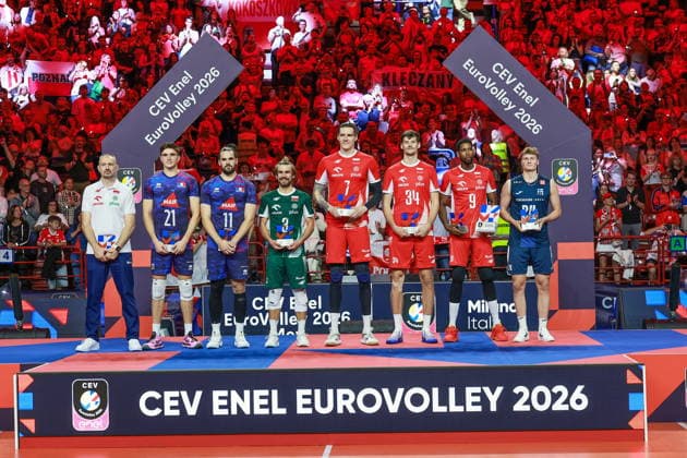26.09.2026 MEDIOLAN WLOCHY ( MILAN ITALIA ) UNIPOL FORUM SIATKOWKA MEZCZYZN MISTRZOSTWA EUROPY W SIATKOWCE FINAL RUNDA FINALOWA ( CEV EUROVOLLEY 2026 MEN FINAL ROUND FINAL MATCHES MEN S VOLLEYBALL GAME POLAND - FRANCE ) MECZ POLSKA - FRANCJA NZ. ZESPOL TURNIRJU. OD LEWEJ NIKOLA GRBIC THEO FAURE ANTONIO BRIZARD JAKUB POPIWCZAK BARTLOMIEJ LEMANSKI SZYMON JAKUBISZAK WILFREDO LEON VENERO NOOA MARTTILA FOTO JAKUB PIASECKI CYFRASPORT NEWSPIX.PL --- newspix.pl 