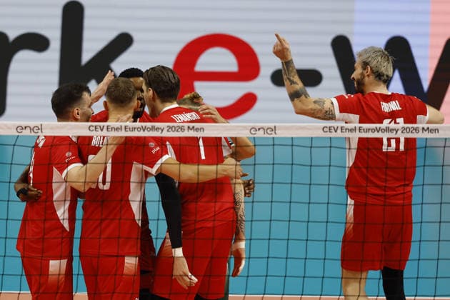 IPA89012761 - Team Poland celebrates after scoring during the CEV Enel EuroVolley 2026 Gold Final between Poland and France at the Unipol Forum on September 26, 2026, in Milan, Italy.  Copyright: xRichardxMorgano IPAxSportx xx IPA89012761