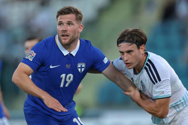 San Marino v Finland - UEFA Nations League - Season 2026-2027 Serravalle, Italy, 26th September 2026. Filippo Fabbri of San Marino tussles with Benjamin Kallman of Finland during the San Marino vs Finland UEFA Nations League match at San Marino Stadium, Serravalle. Picture credit should read: Jonathan Moscrop Serravalle San Marino Stadium San Marino